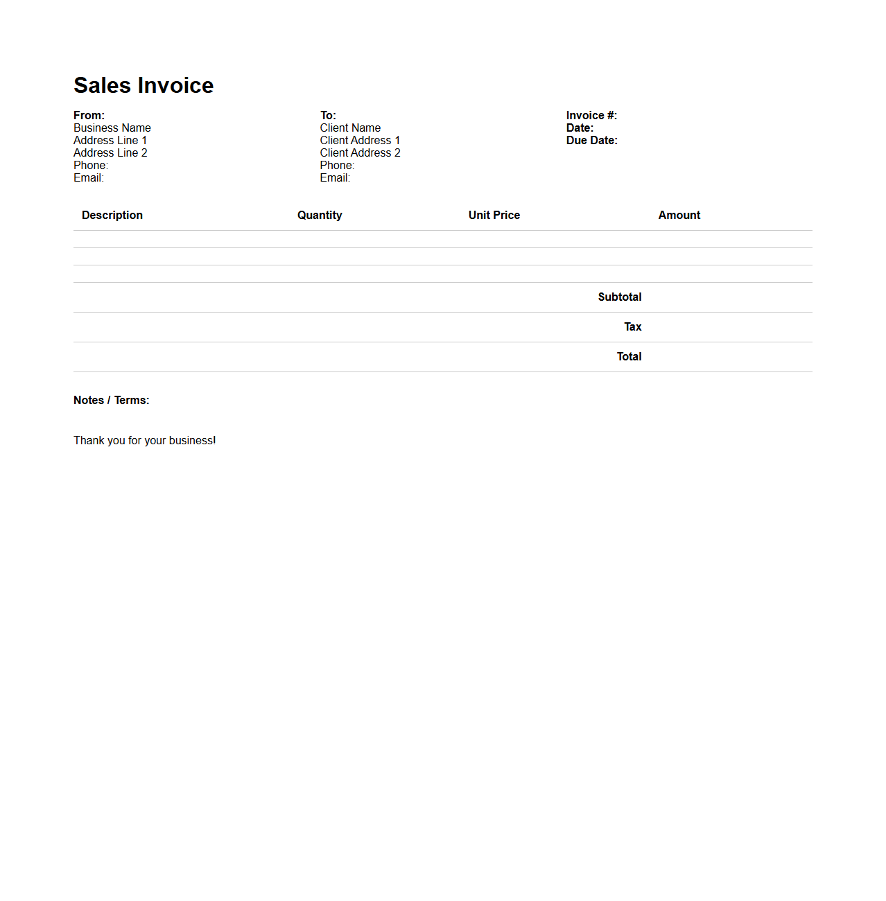 Simple Sales Invoice Template for Small Businesses