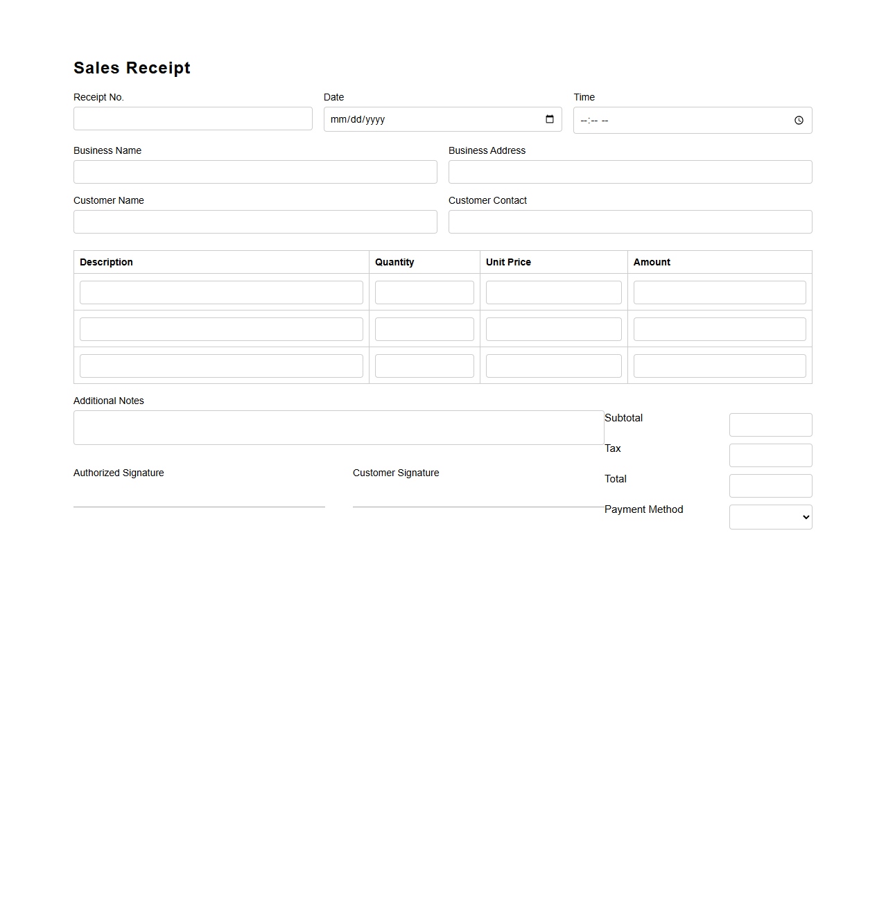 Simple Sales Receipt Form for Business Transactions