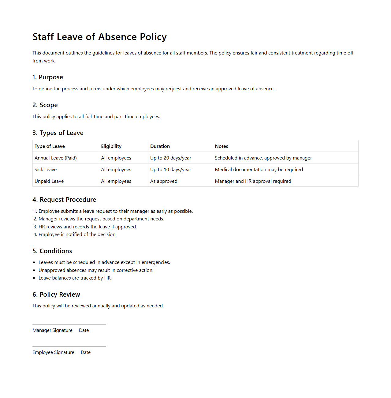Simple Staff Leave of Absence Policy Model