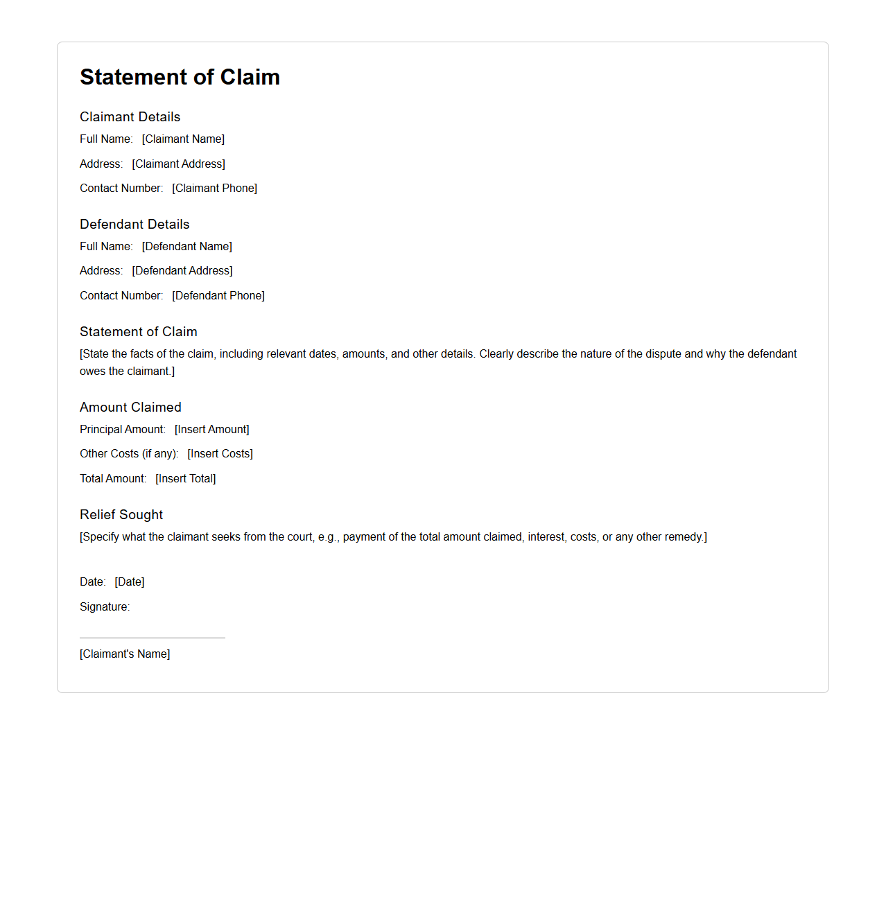 Simple Statement of Claim Example Sheet