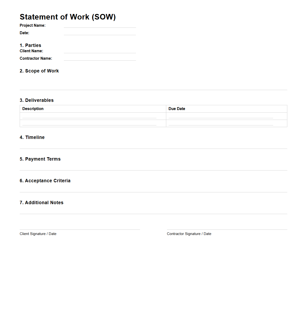 Simple Statement of Work Template for Contractors