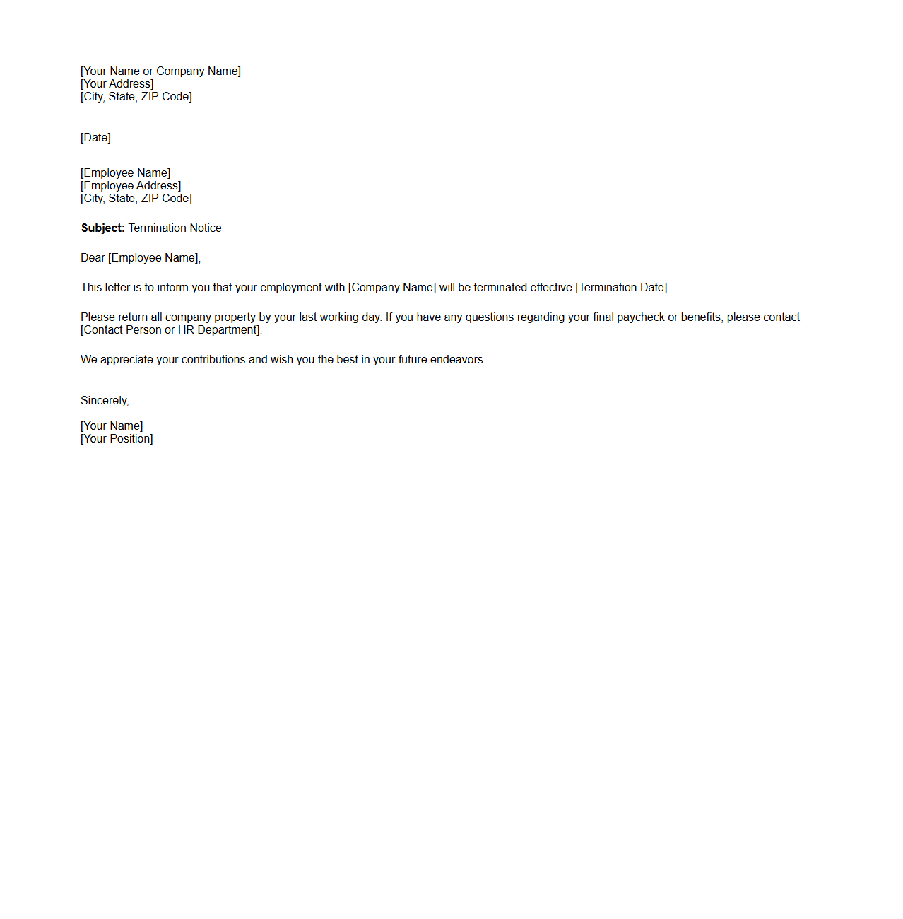 Simple Termination Notice Letter Template