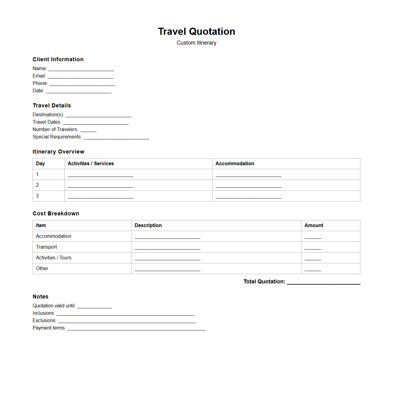 Simple Travel Quotation Template for Custom Itineraries