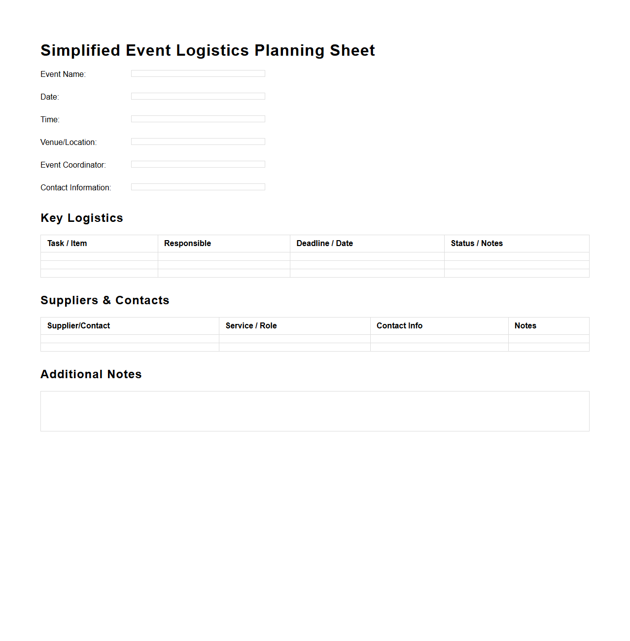 Simplified Event Logistics Planning Sheet
