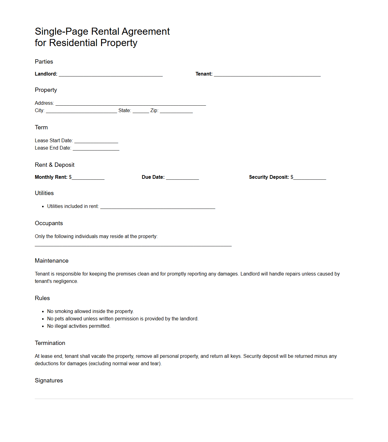 Single-Page Rental Agreement for Residential Property