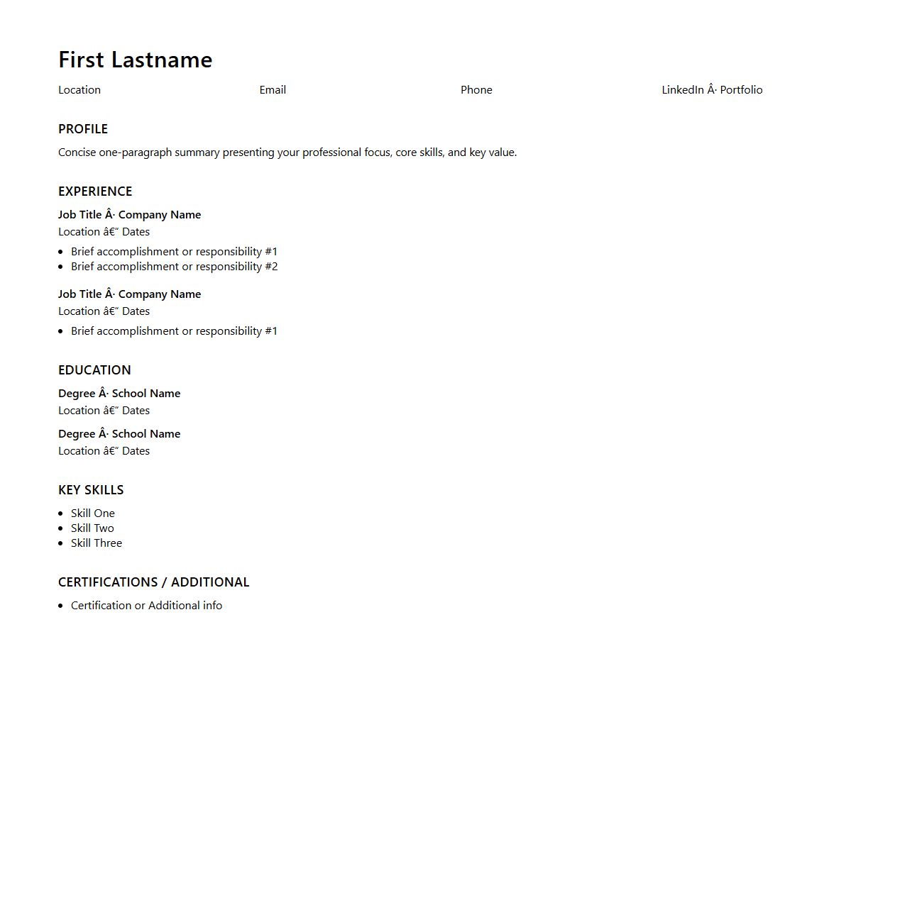 Sleek One-Page Resume Outline for Focused Profiles