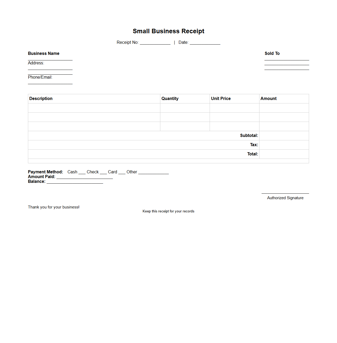 Small Business Receipt Template