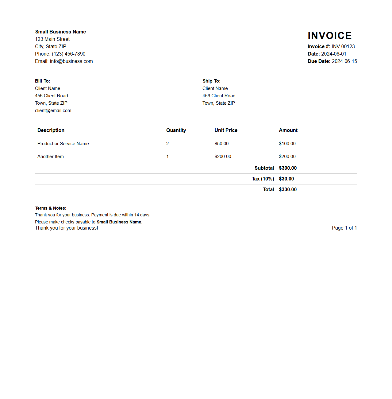 Small Business Sales Invoice Template Layout
