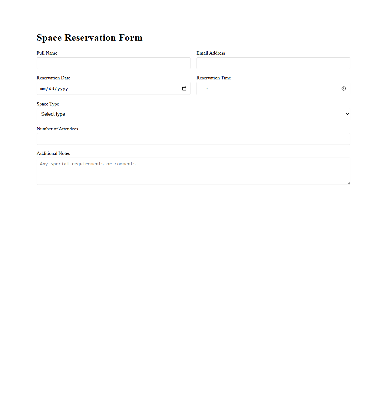 Space Reservation Form Template