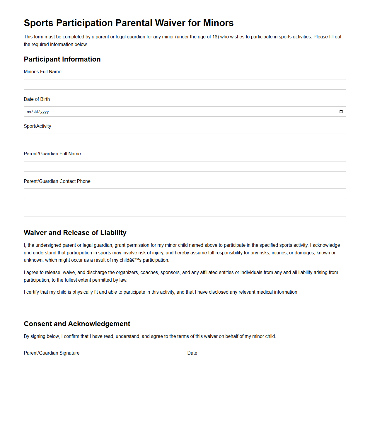 Sports Participation Parental Waiver for Minors