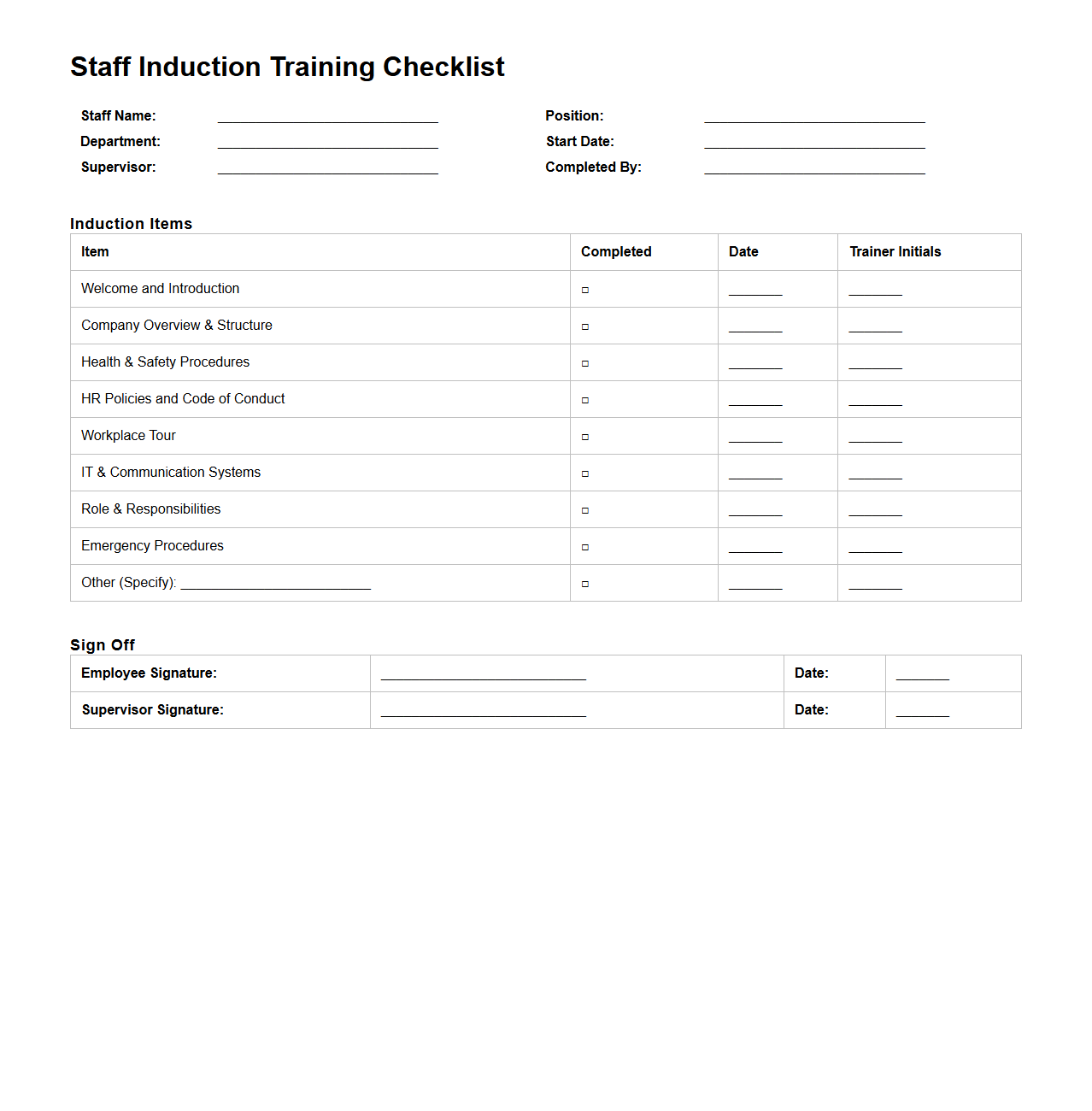 Staff Induction Training Checklist Template
