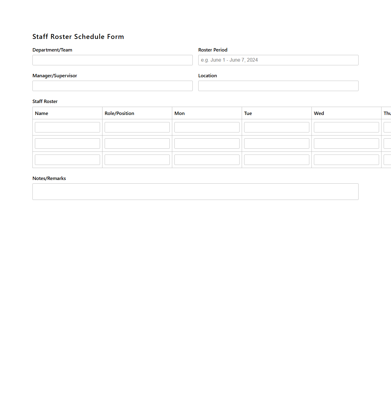 Staff Roster Schedule Form