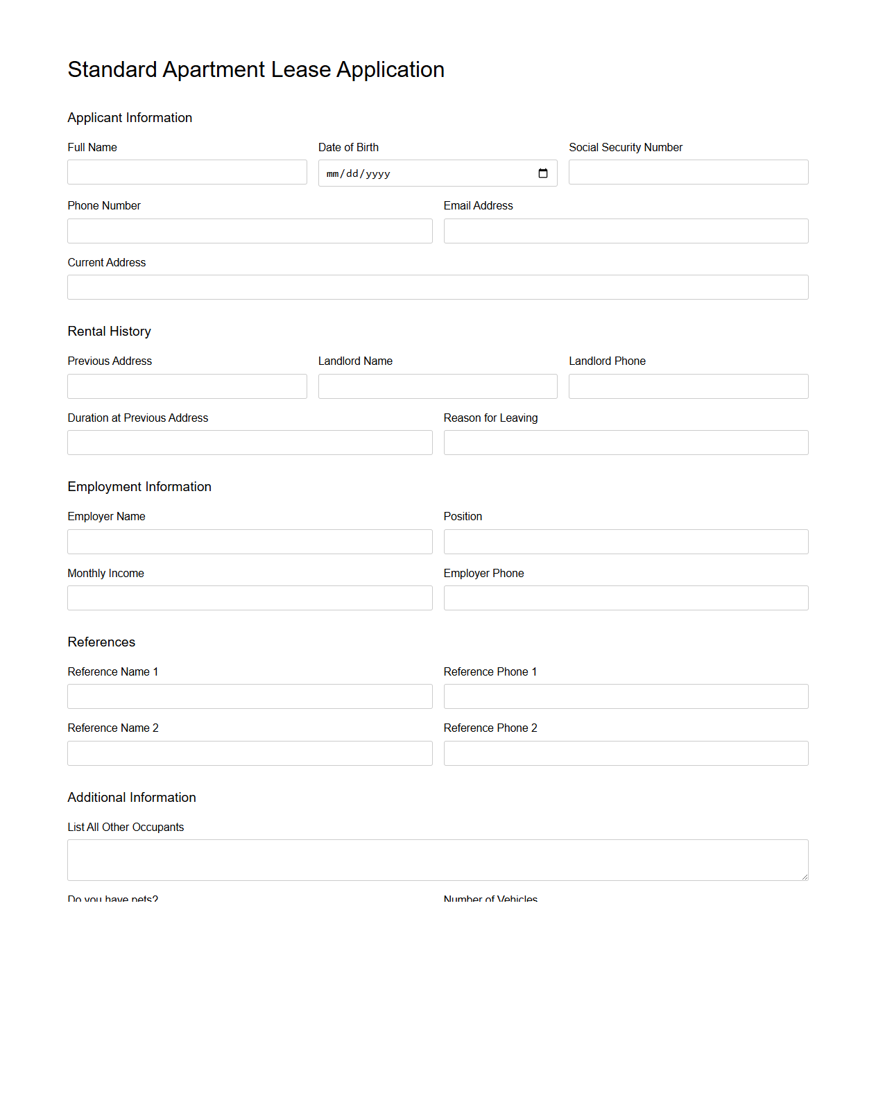 Standard Apartment Lease Application Design