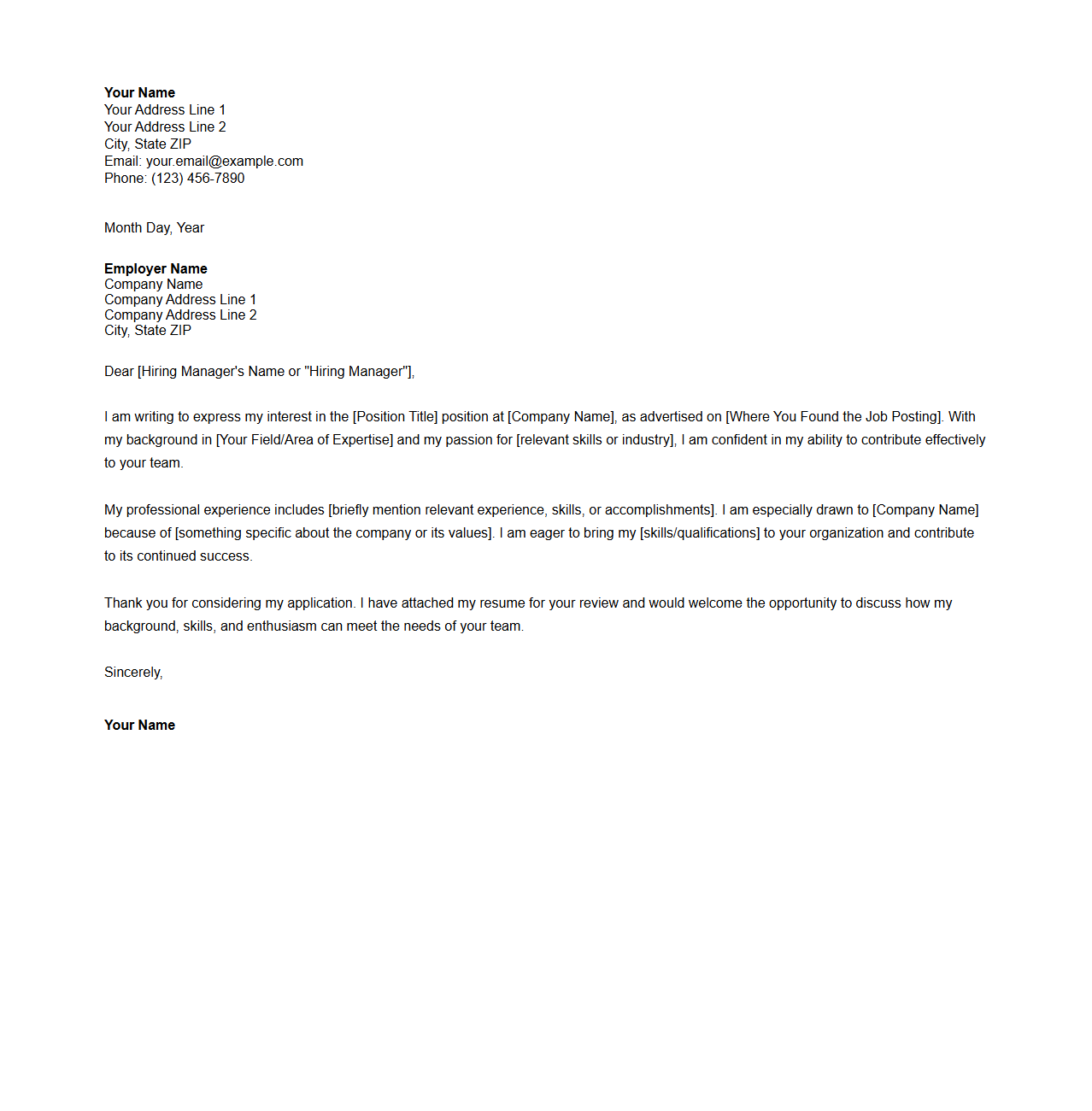 Standard Blank Cover Letter Design for Employers