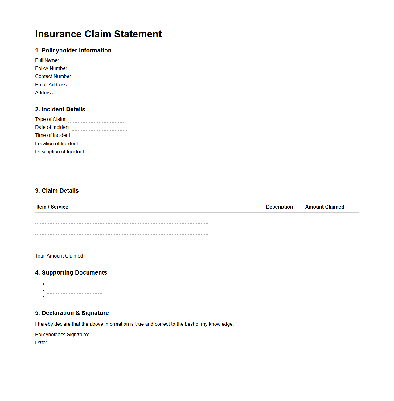 Standard Insurance Claim Statement Outline