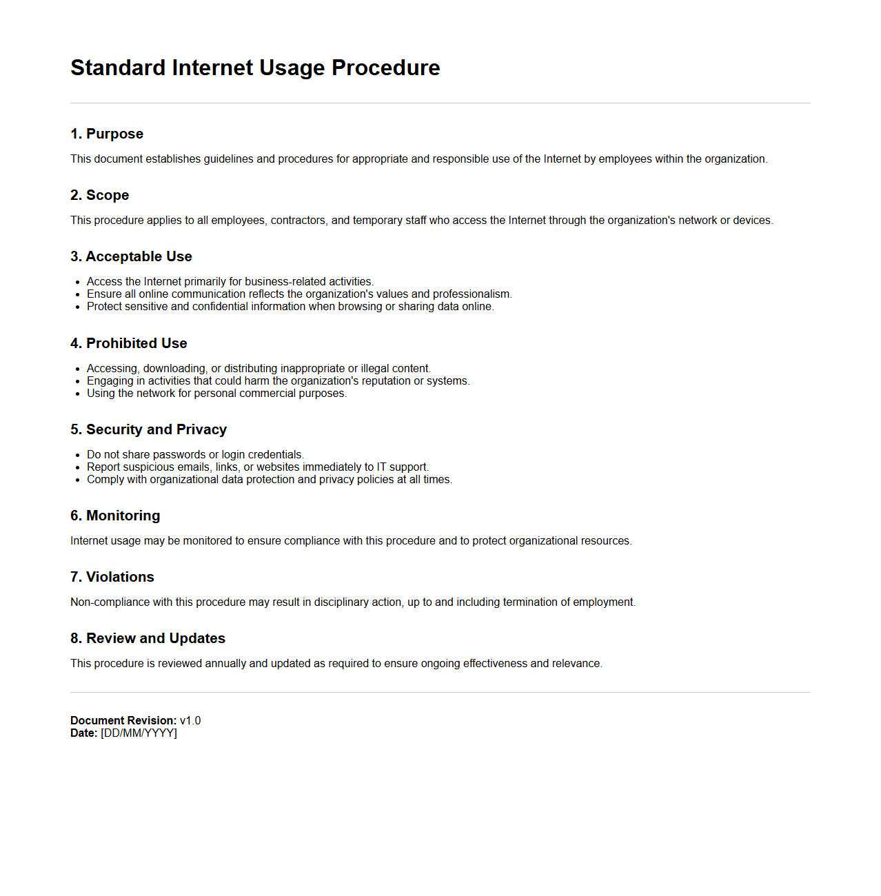 Standard Internet Usage Procedure Document