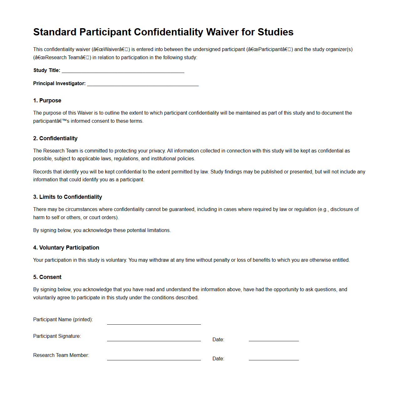 Standard Participant Confidentiality Waiver for Studies