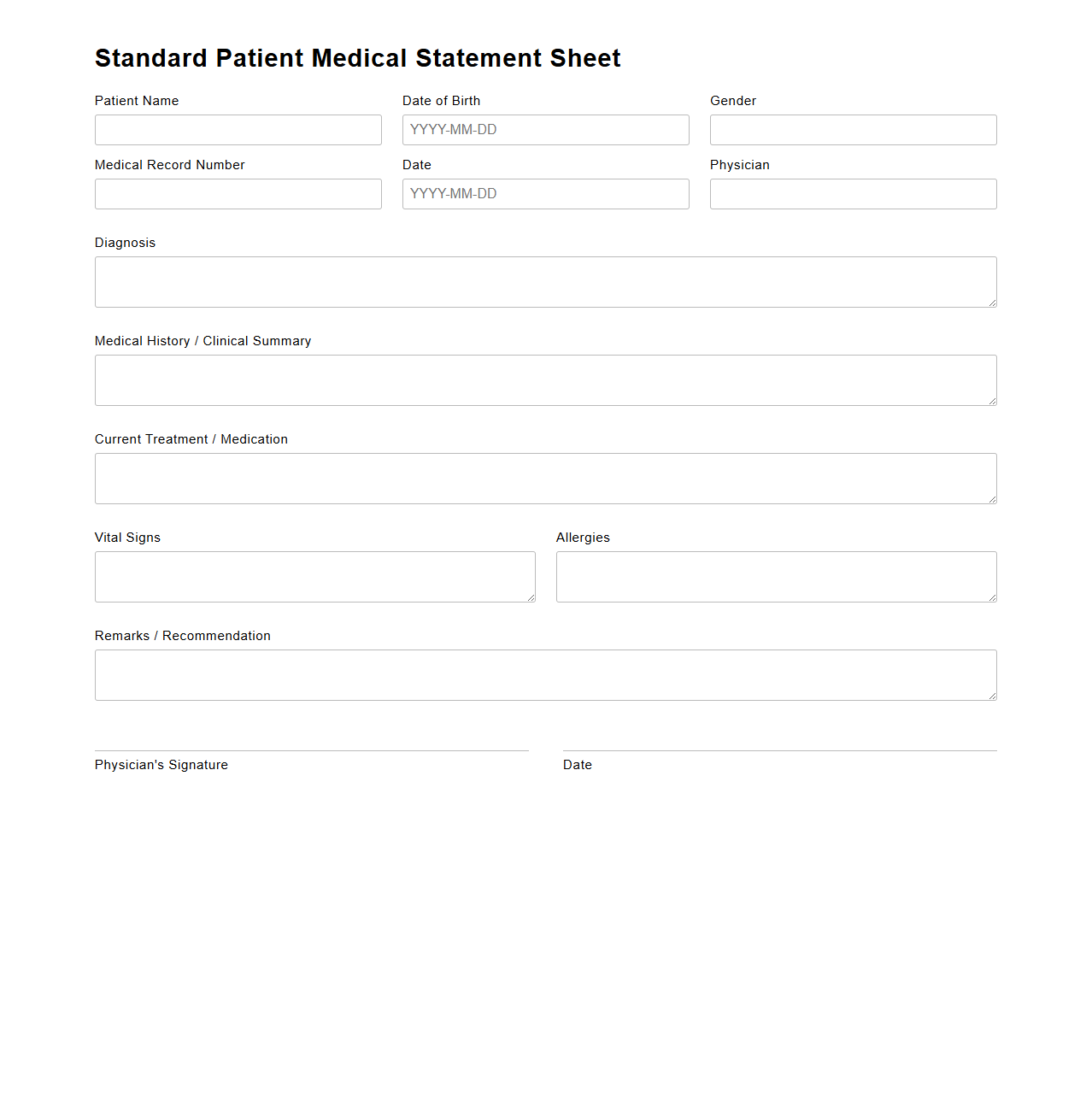 Standard Patient Medical Statement Sheet