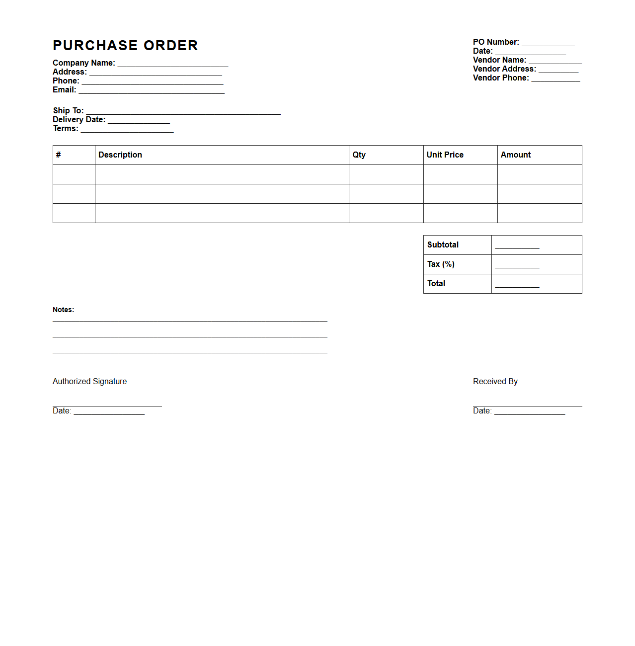 Standard Purchase Order Sheet for Companies
