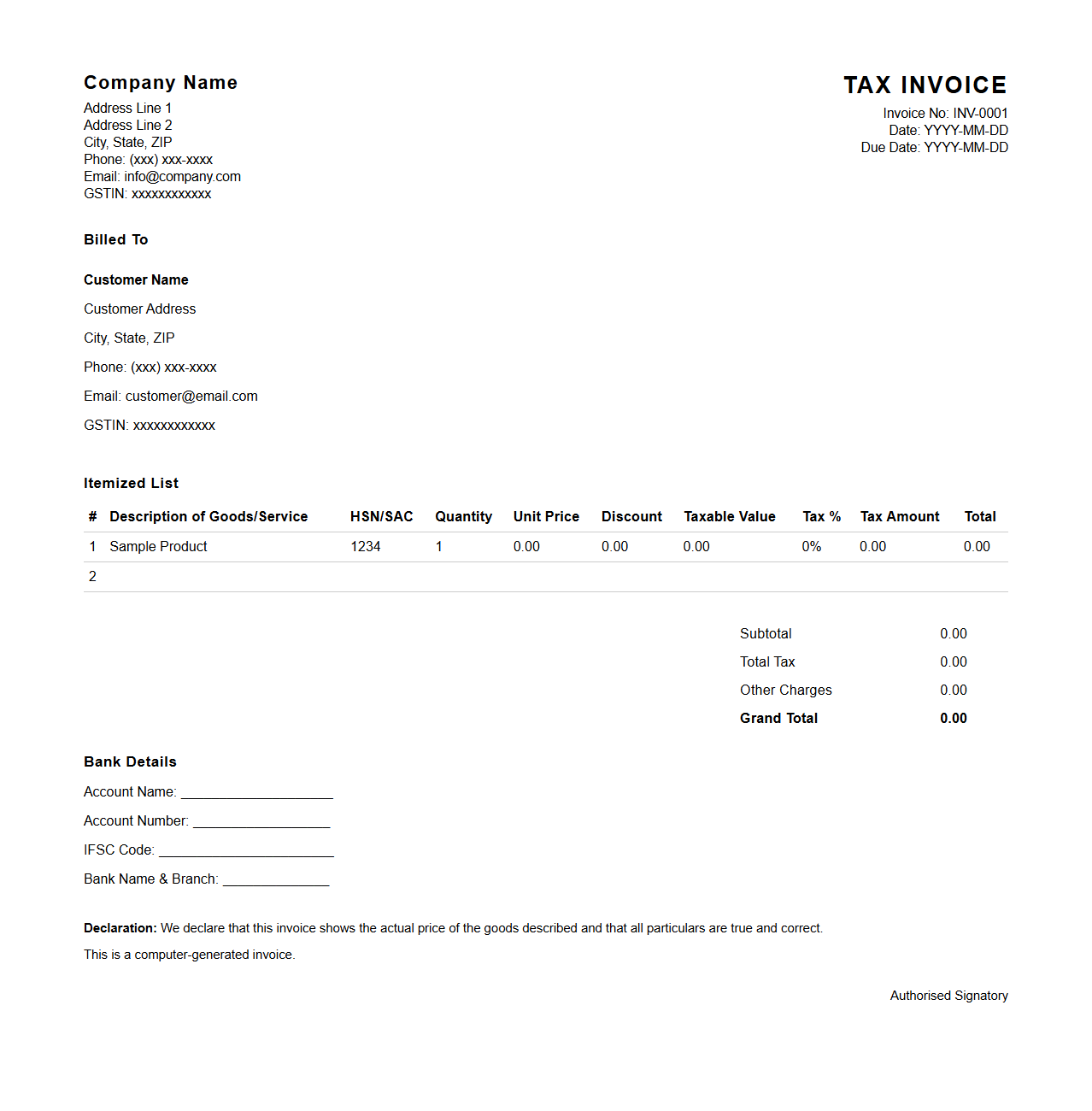 Standard Retail Tax Invoicing Template