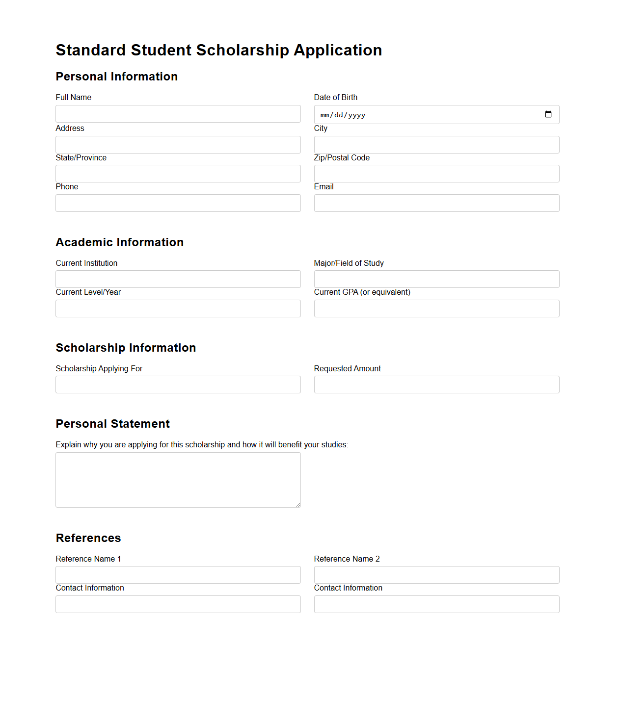 Standard Student Scholarship Application Blank