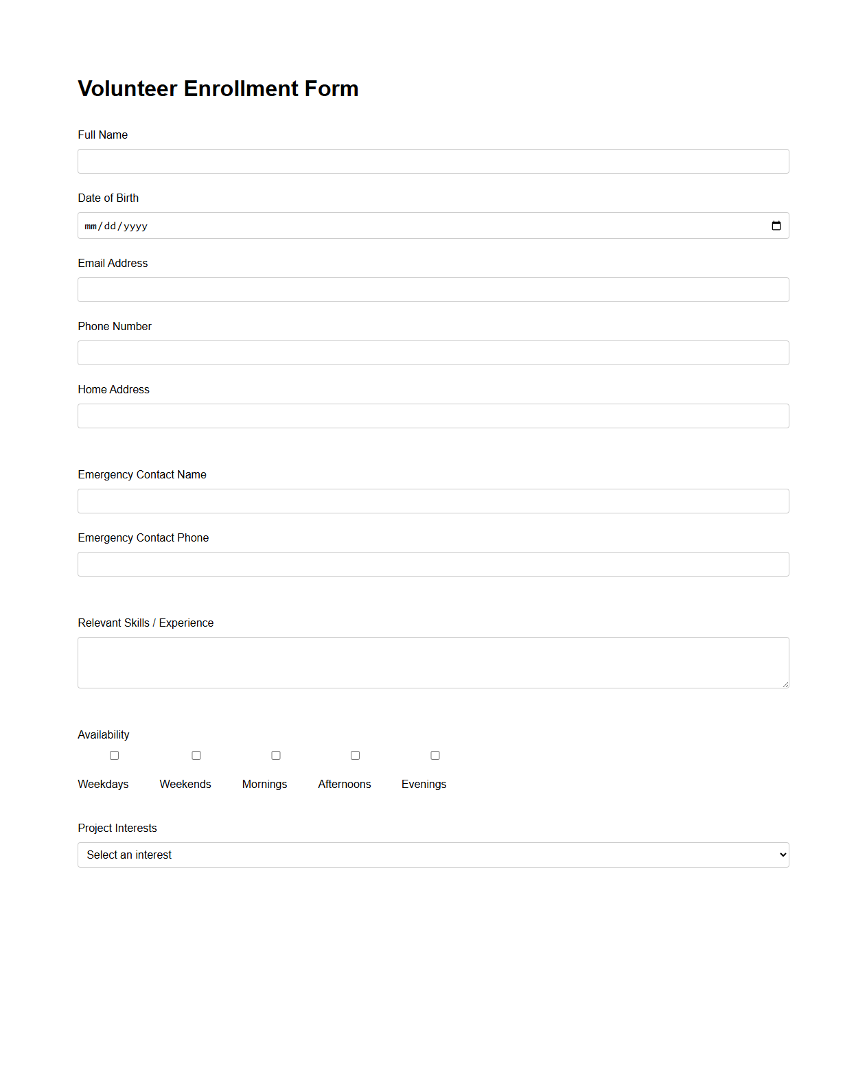Standard Volunteer Enrollment Form for Service Projects