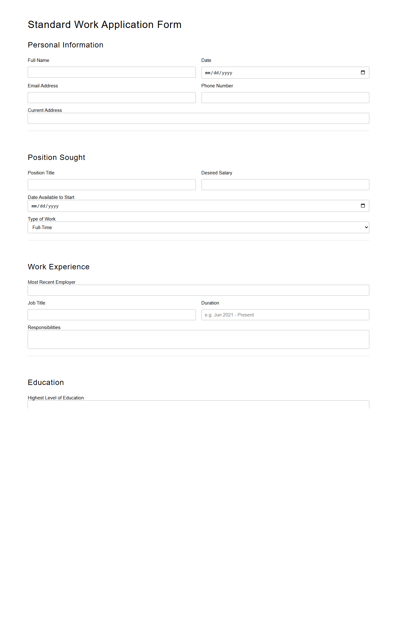 Standard Work Application Form Example