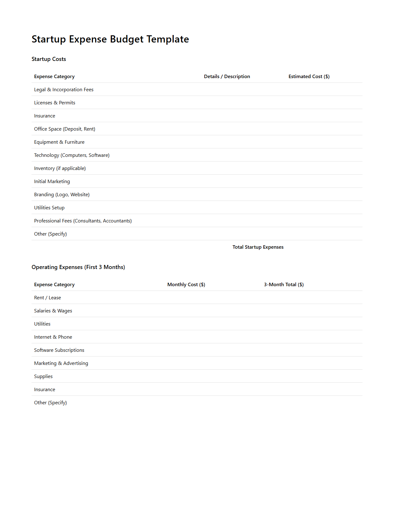 Startup Expense Budget Template for Entrepreneurs