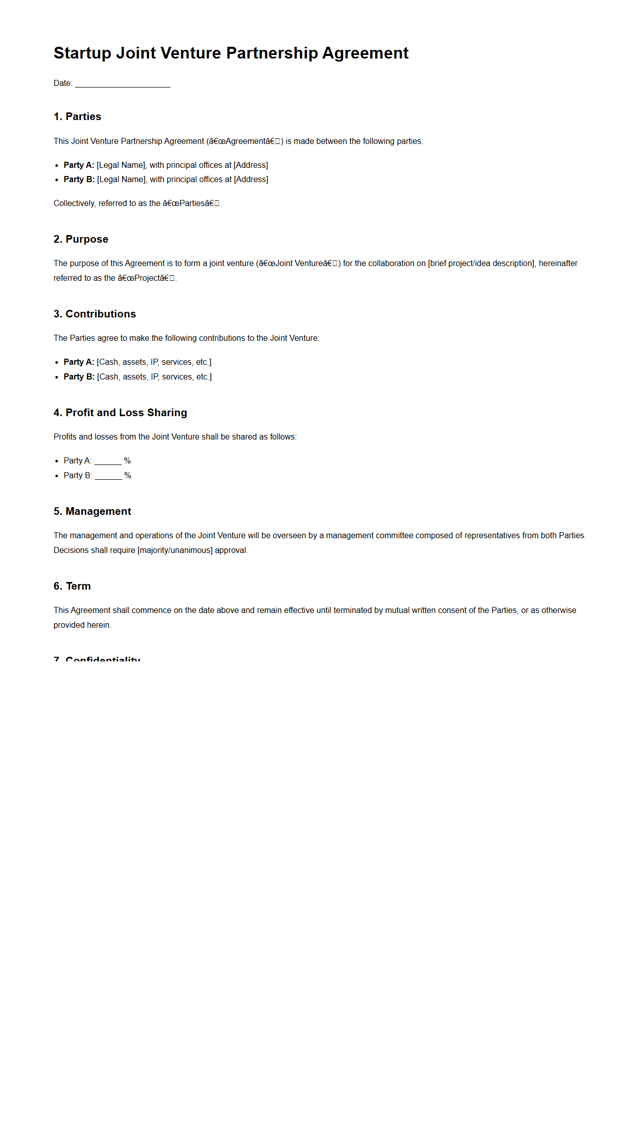 Startup Joint Venture Partnership Agreement Example