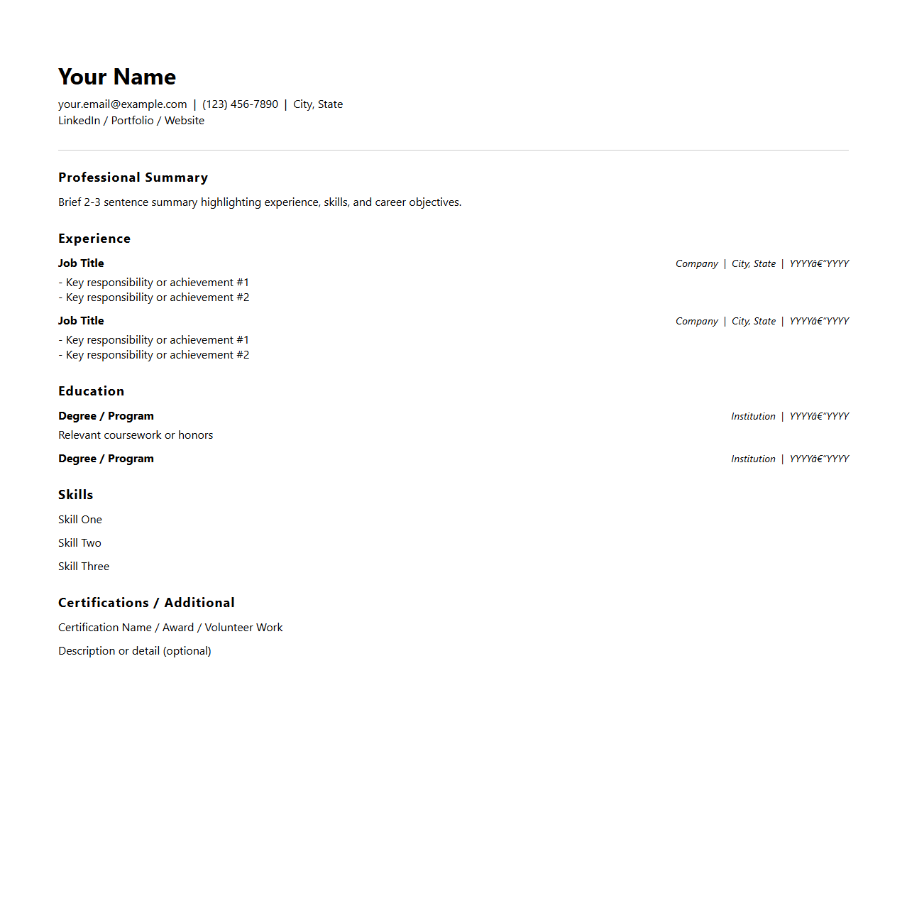 Streamlined Minimal Resume Outline for Quick Editing
