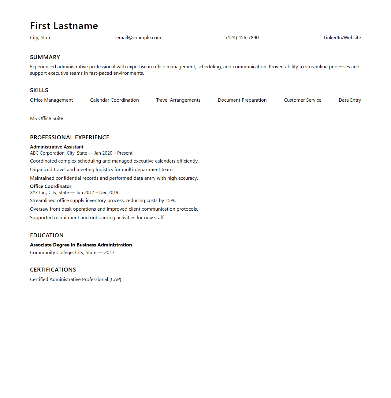 Streamlined Resume Format for Administrative Positions