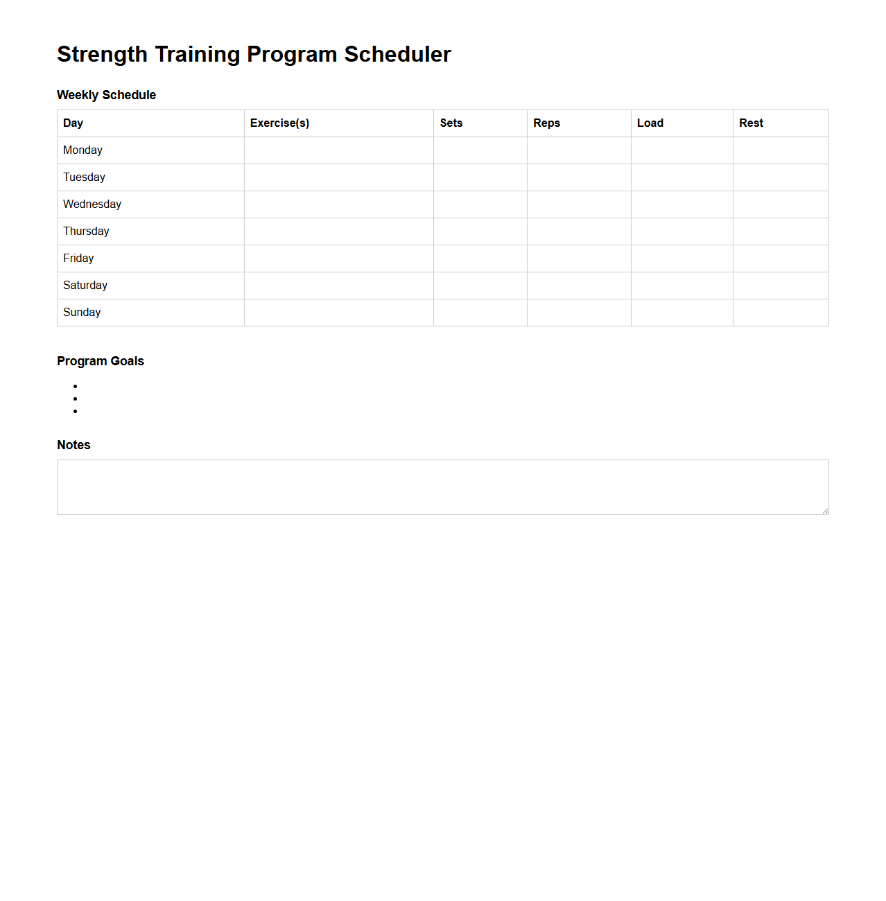 Strength Training Program Scheduler Template