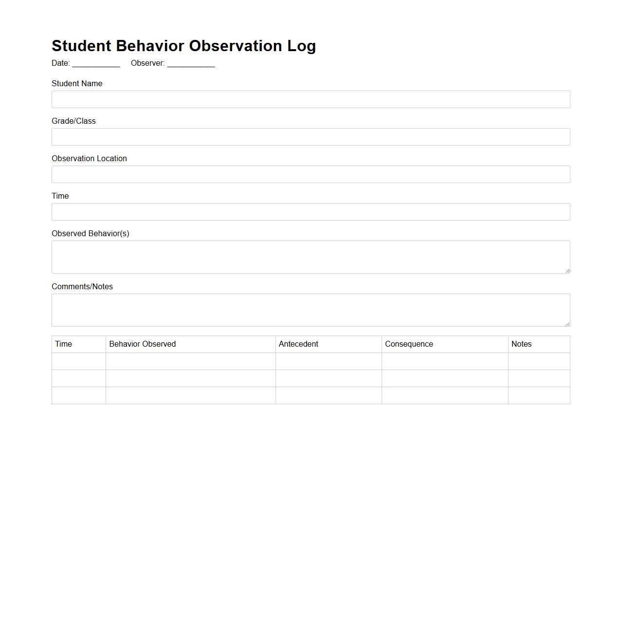 Student Behavior Observation Log