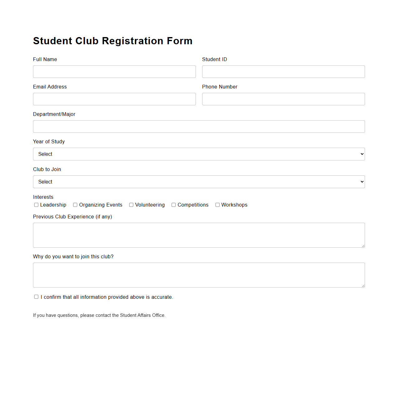 Student Club Registration Form Template