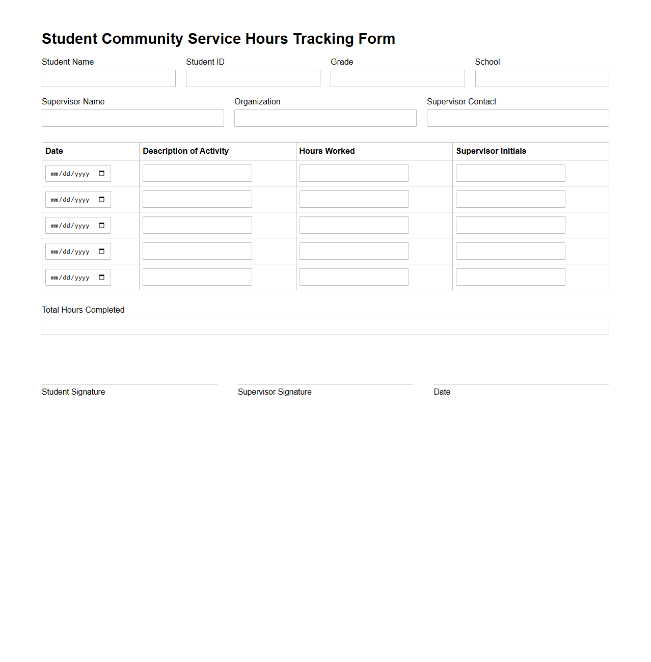 Student Community Service Hours Tracking Form