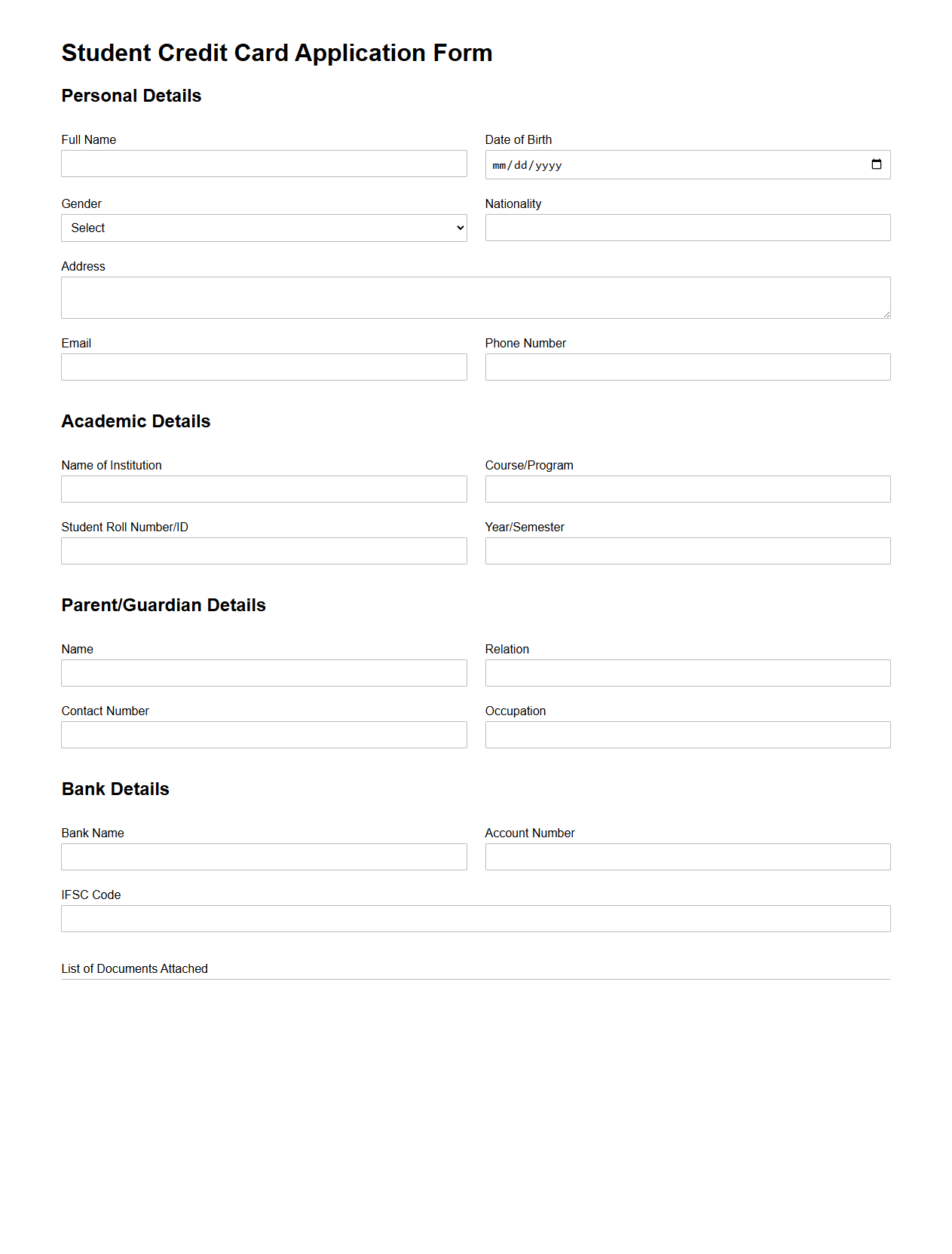 Student Credit Card Application Format