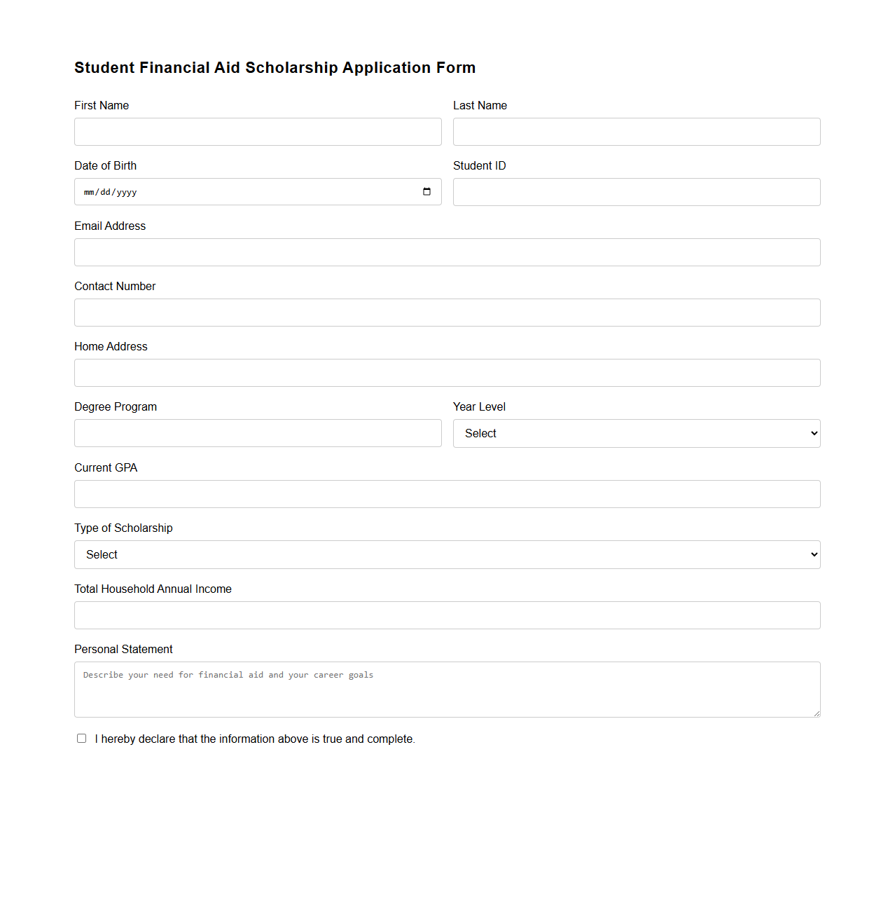 Student Financial Aid Scholarship Application Form