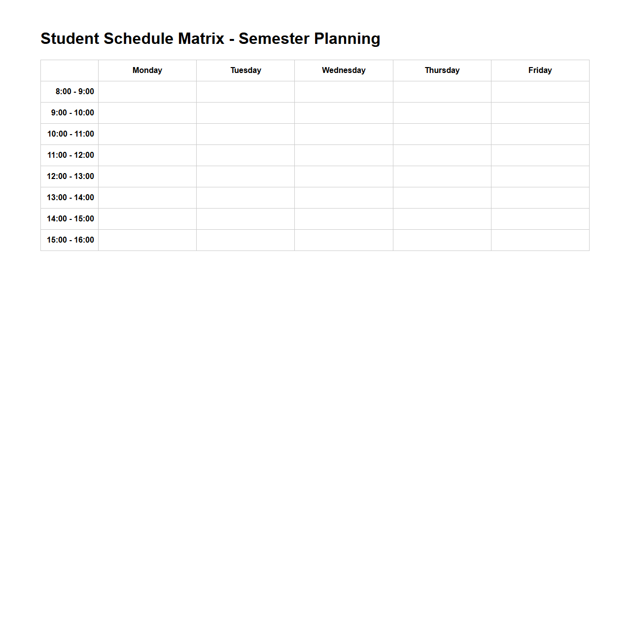 Student Schedule Matrix for Semester Planning