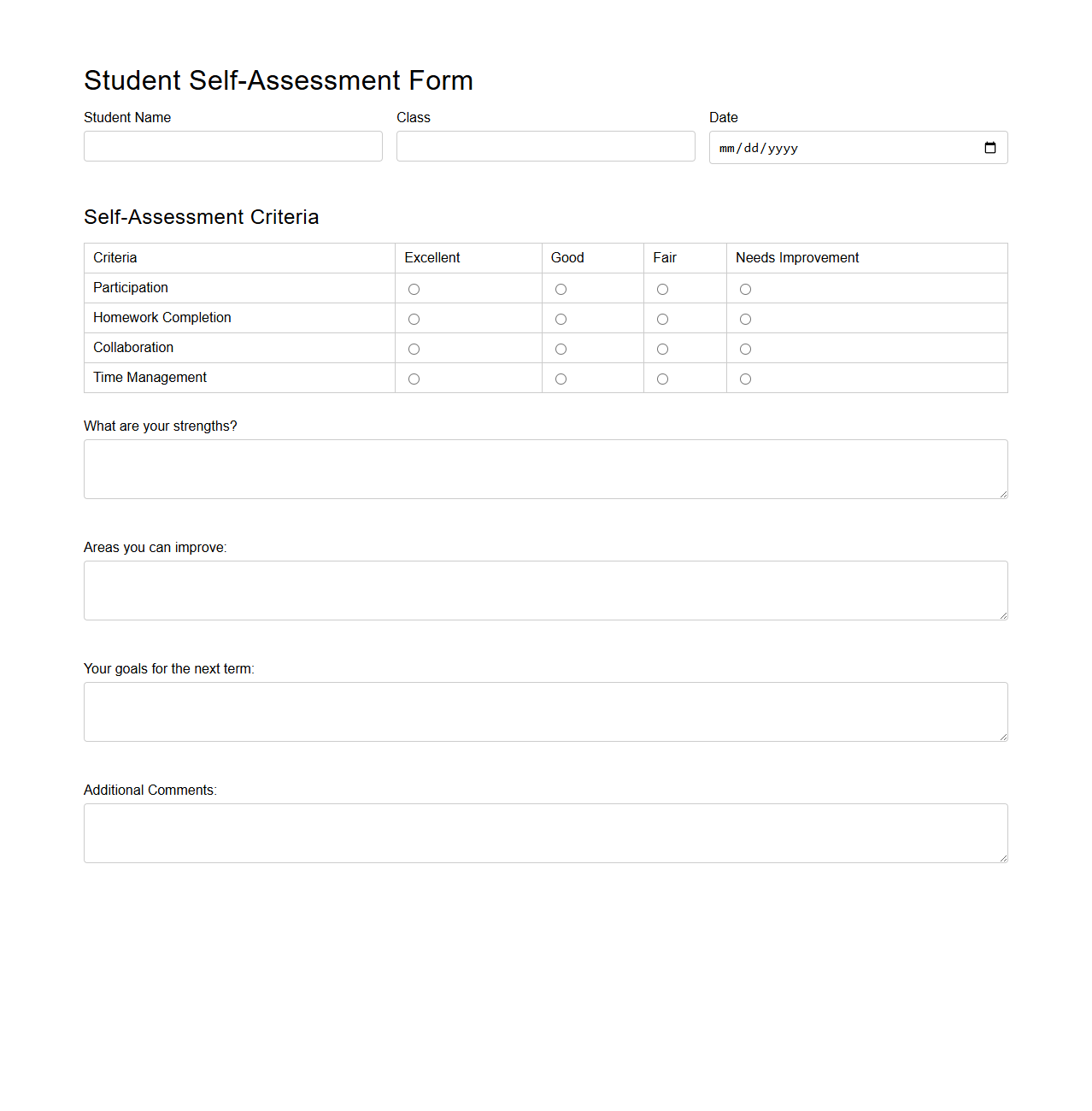Student Self-Assessment Form Template