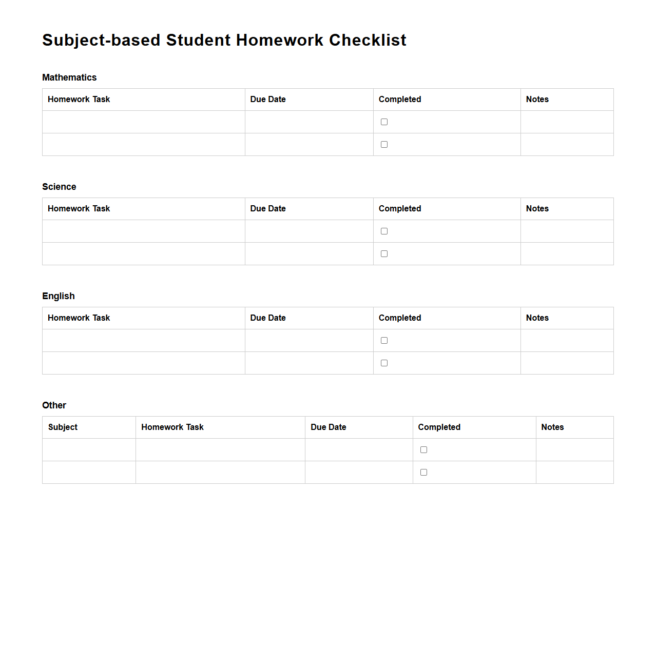 Subject-based Student Homework Checklist