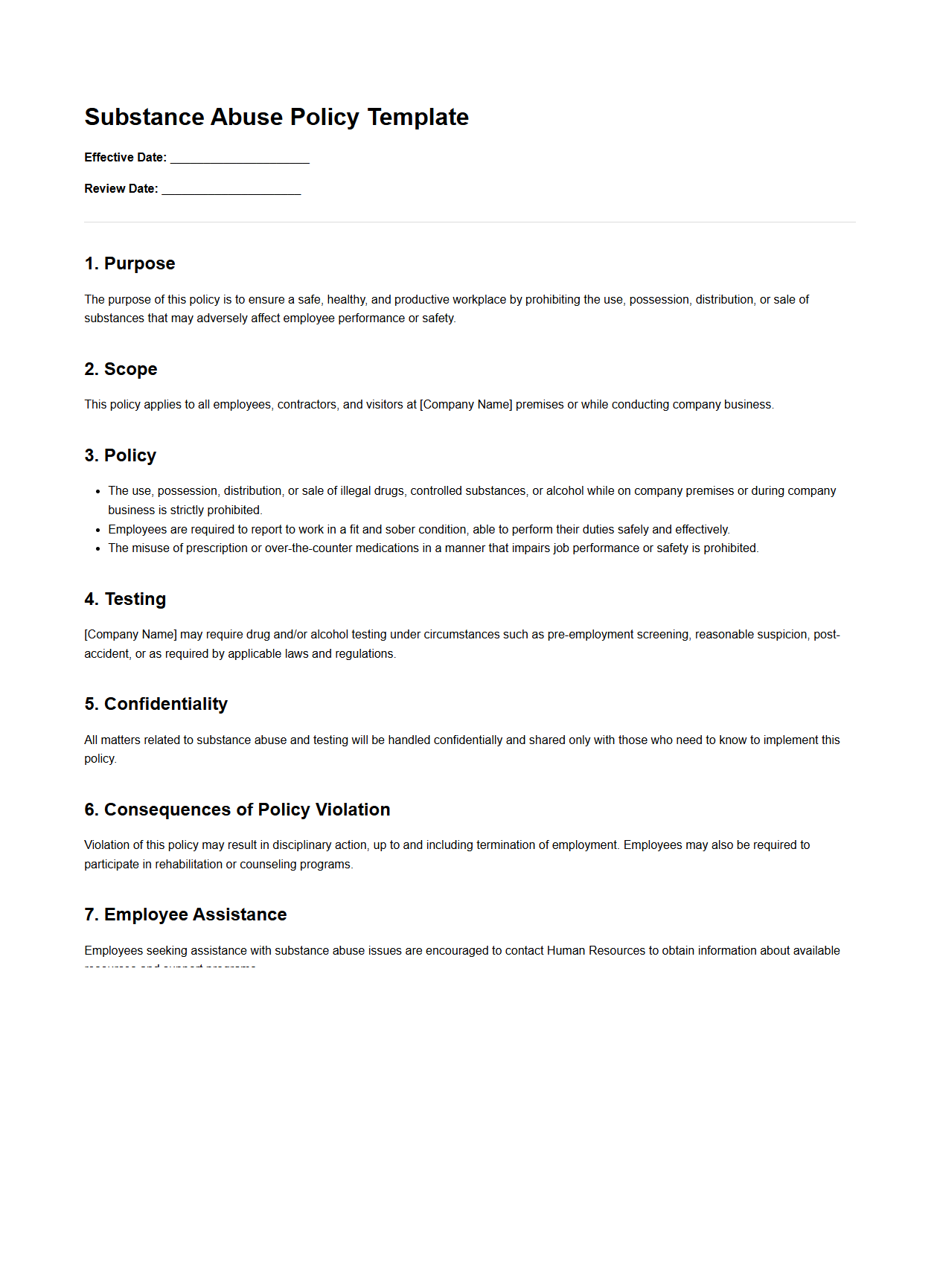 Substance Abuse Policy Template