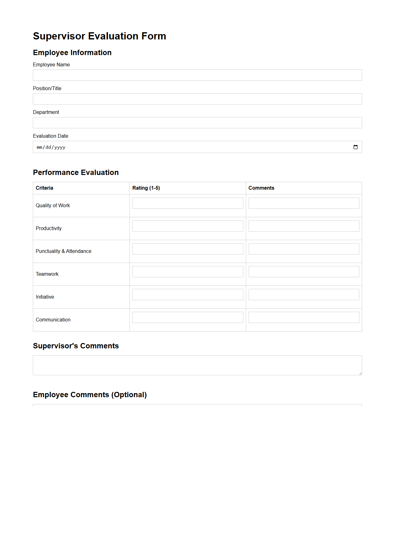 Supervisor Blank Evaluation Form for Employees