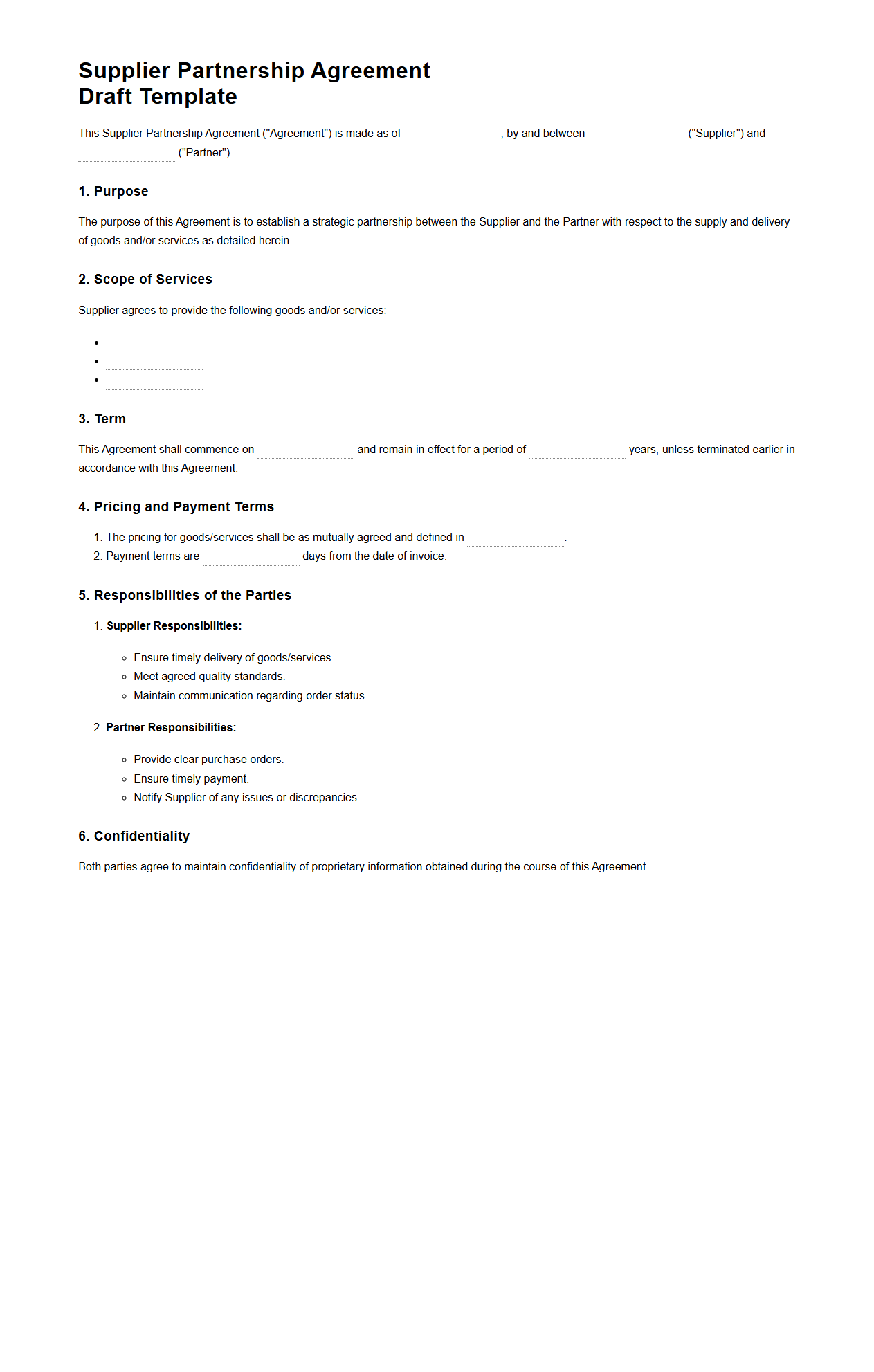 Supplier Partnership Agreement Draft Template