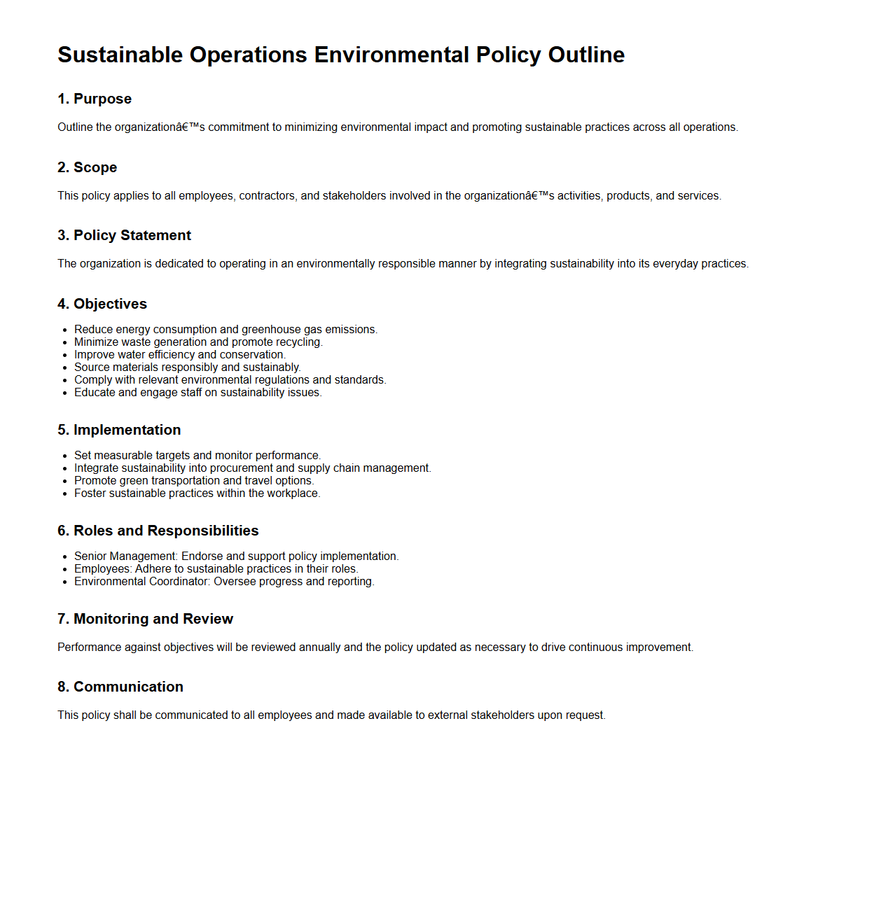 Sustainable Operations Environmental Policy Outline