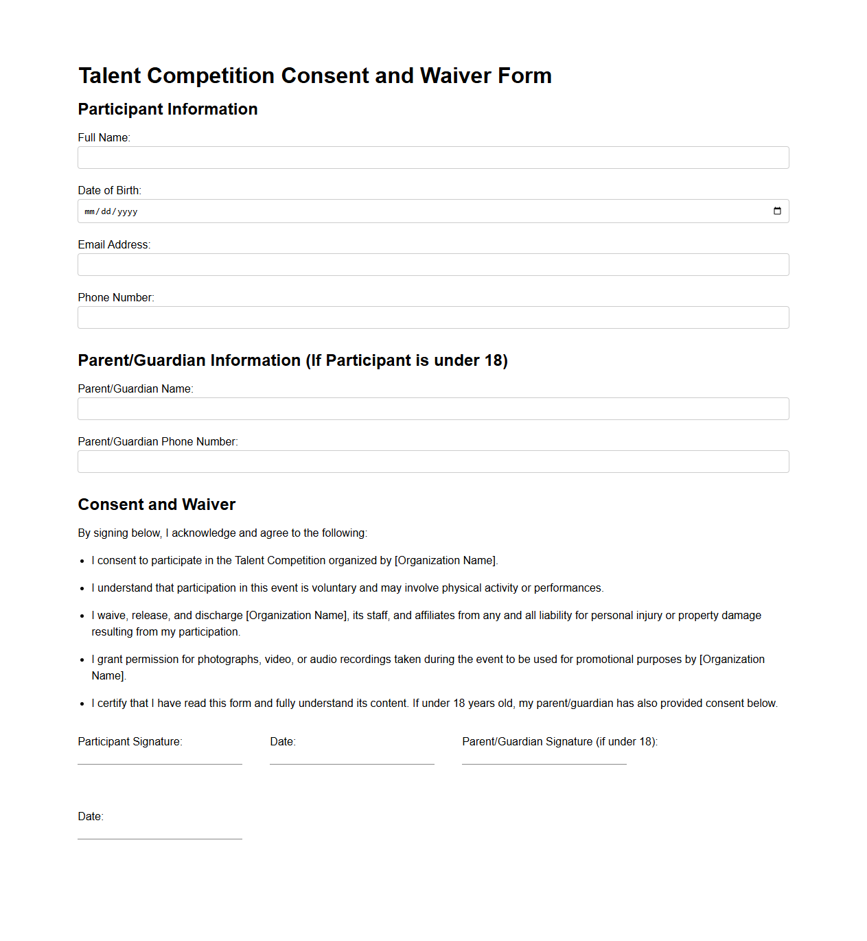 Talent Competition Consent and Waiver Form