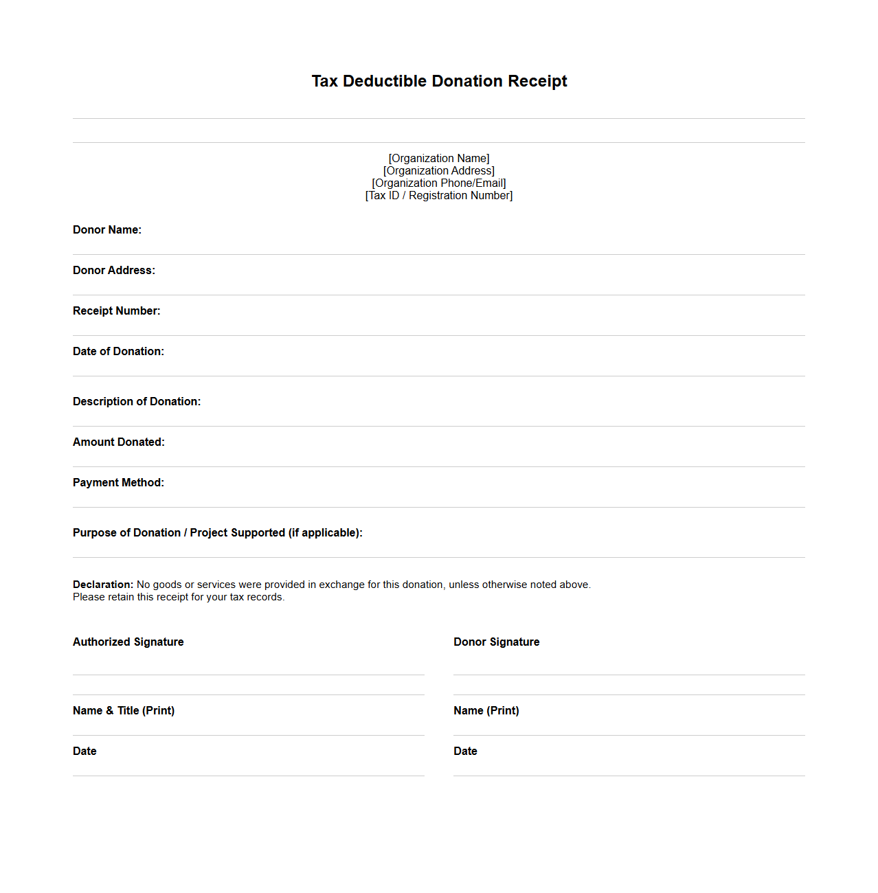 Tax Deductible Donation Receipt Format