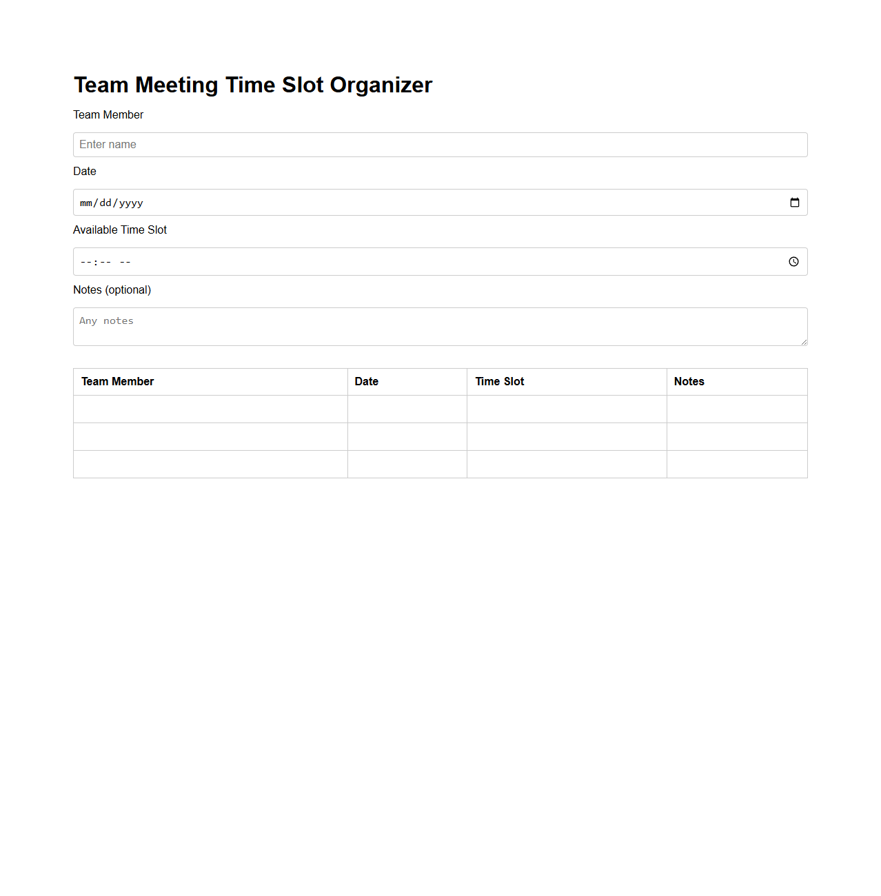 Team Meeting Time Slot Organizer