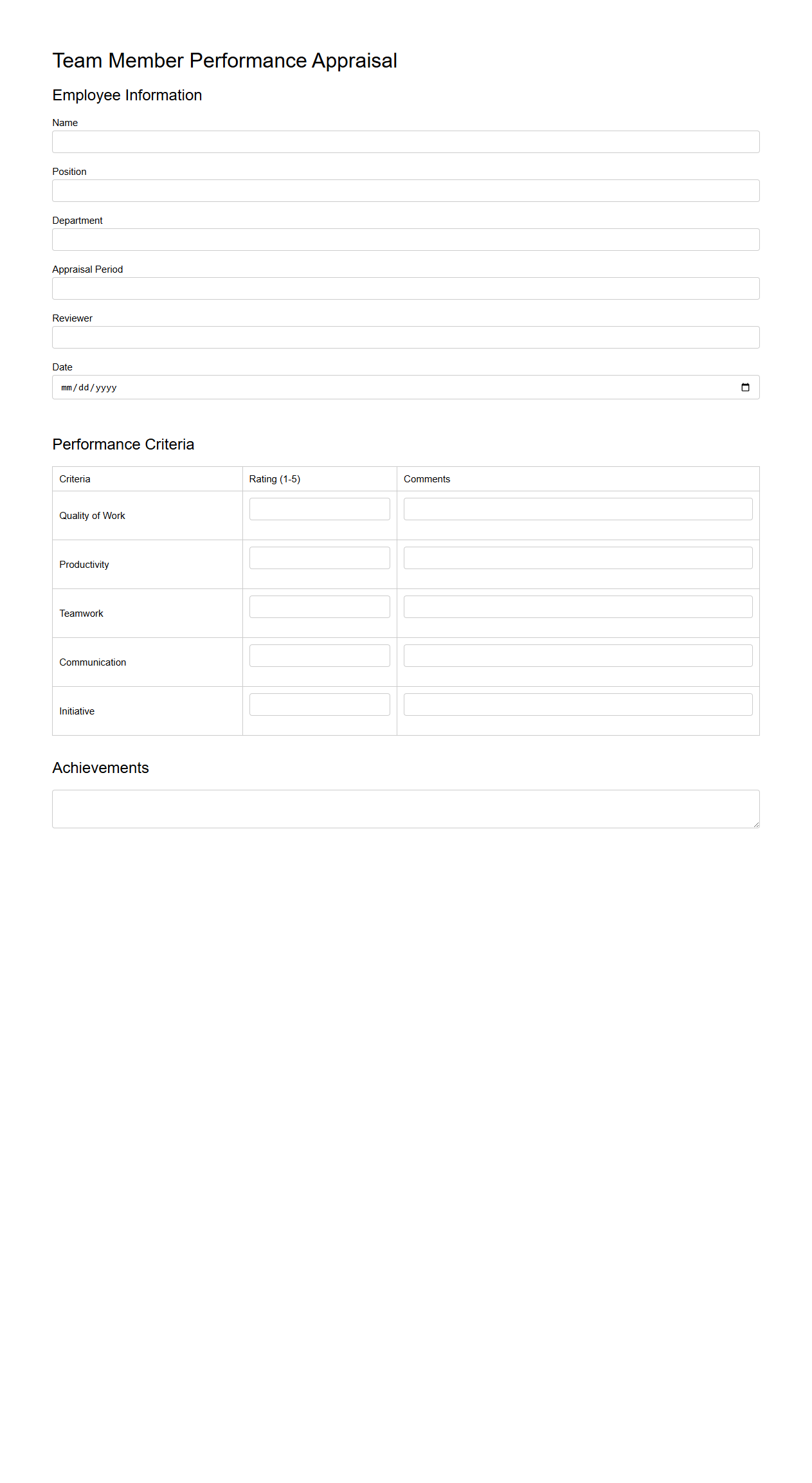 Team Member Performance Appraisal Template