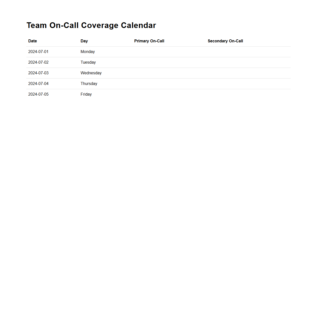 Team On-Call Coverage Calendar