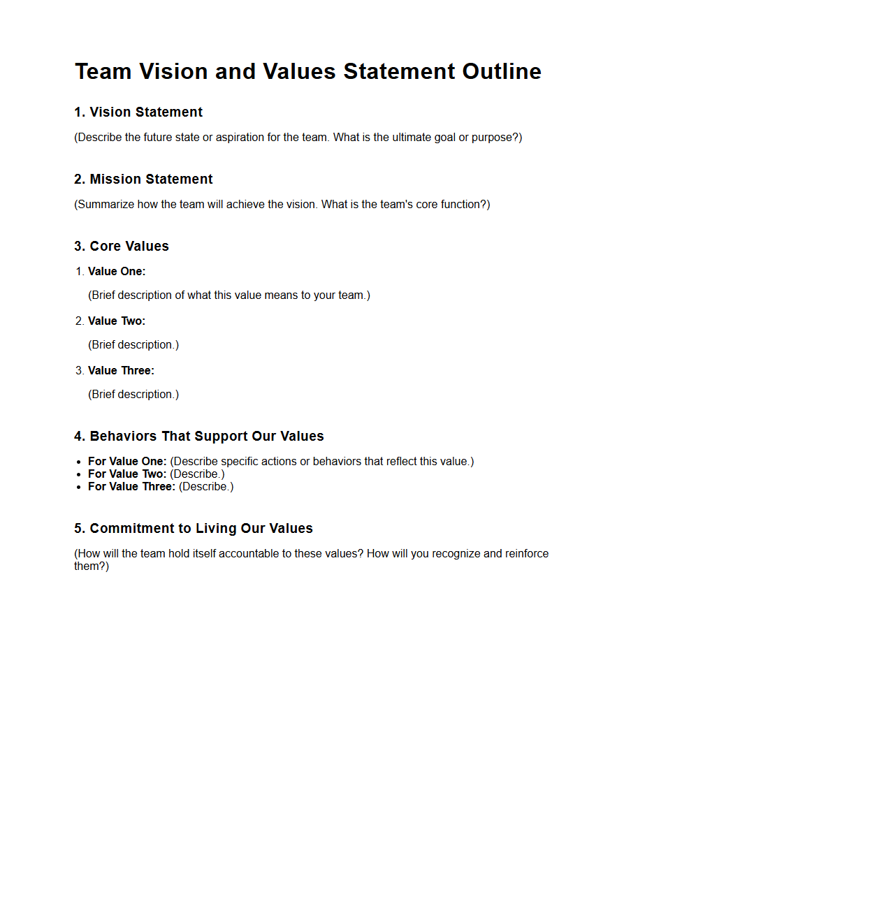 Team Vision and Values Statement Outline
